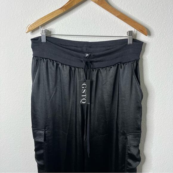 NWT GSTQ Black Satin Jogger Cargo Pants Womens Size XL - Picture 5 of 9
